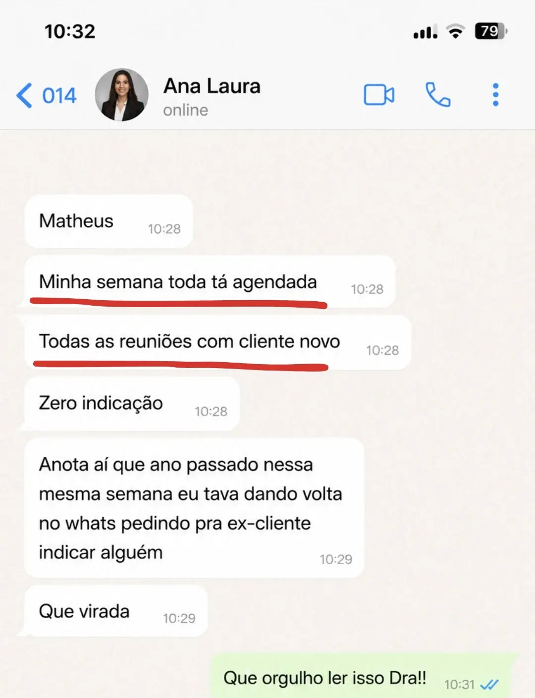 Depoimento de Ana Laura: semana toda agendada com cliente novo, zero indicação